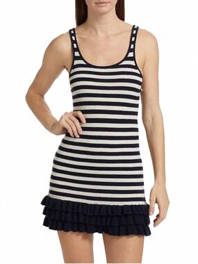 NEW BRANDON MAXWELL sutter cashmere mini dress in navy-white stripe large $750